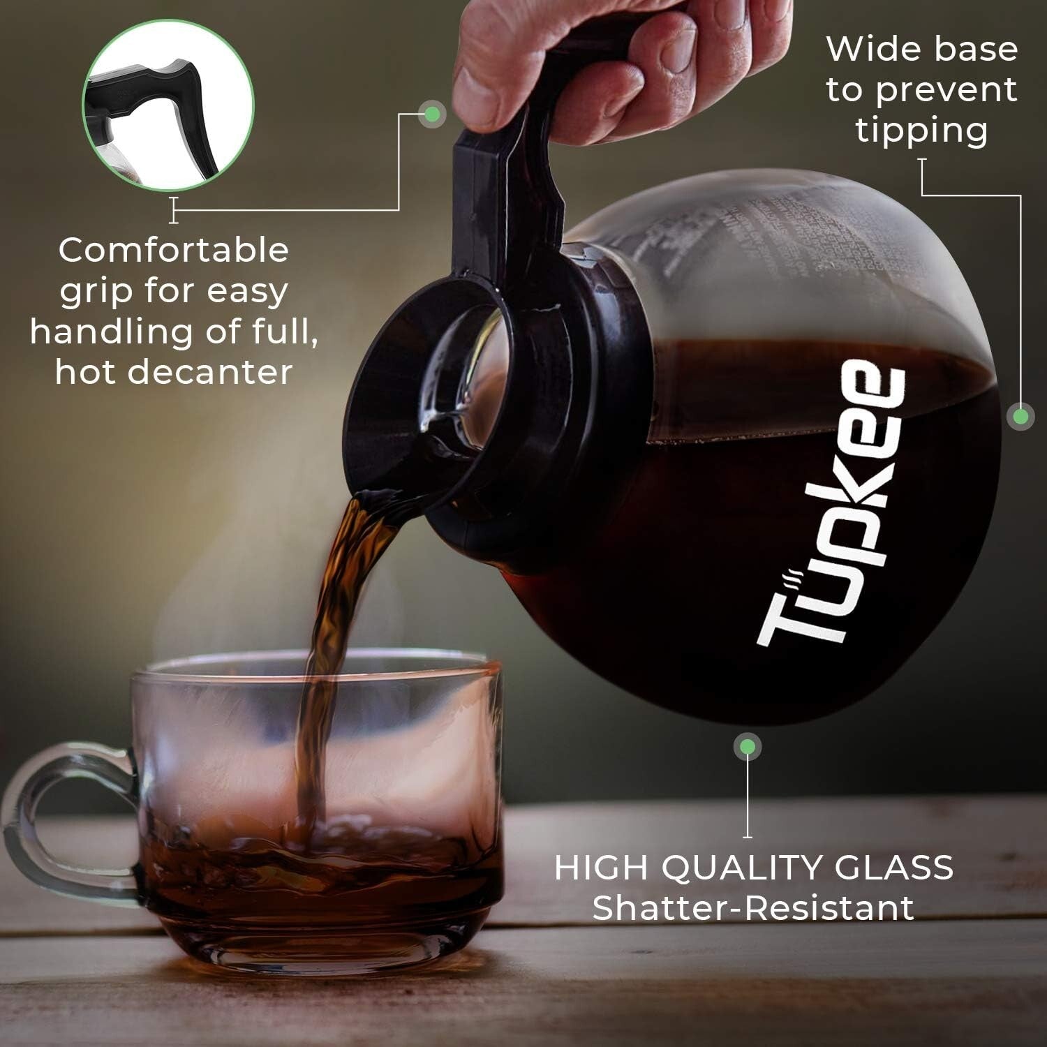 Ergonomic 12-Cup Coffee Decanter - Shatter-Resistant with Non-Scratch Brush