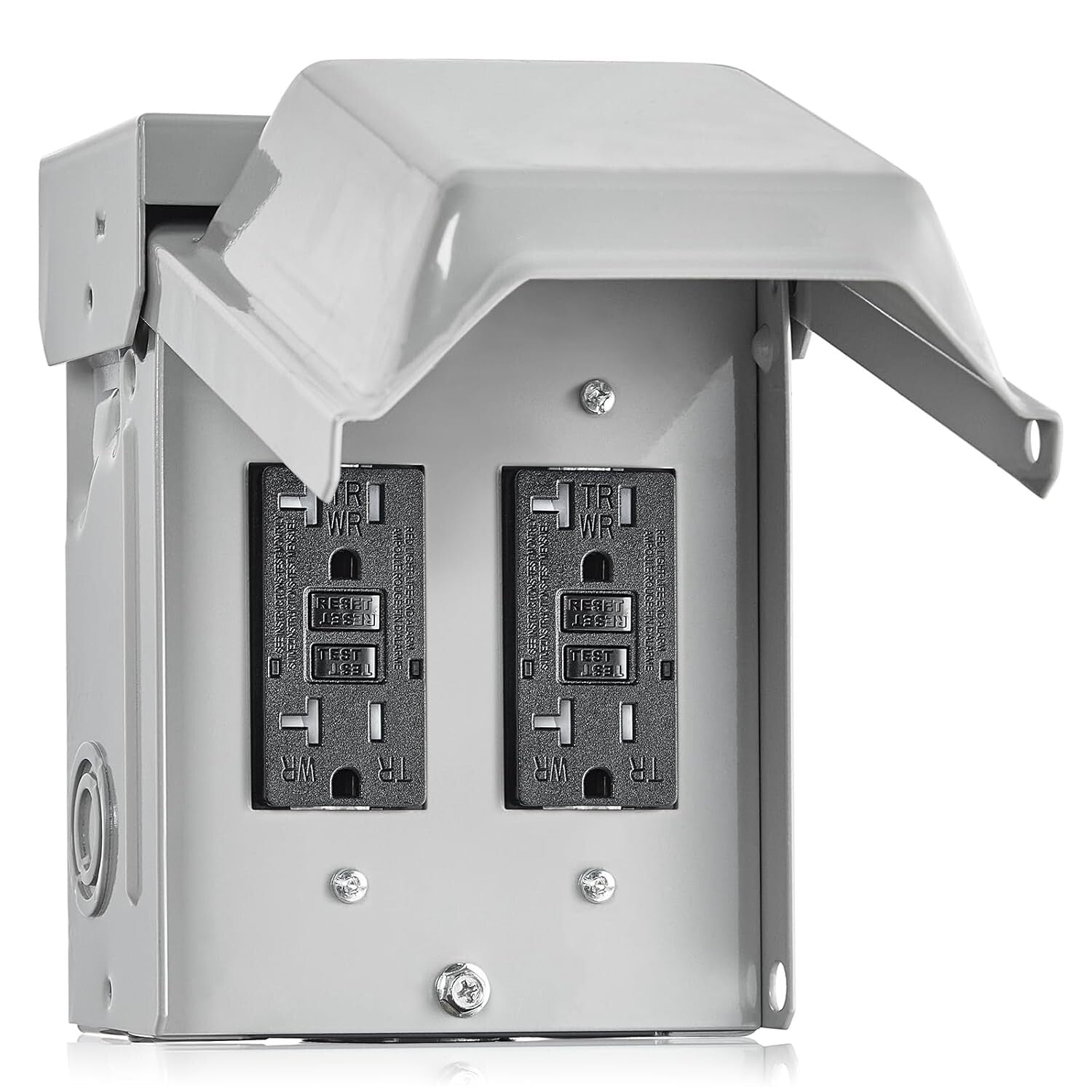 Dual 20 AMP GFCI Outdoor Outlet Box - Rainproof Steel Enclosure for Durability
