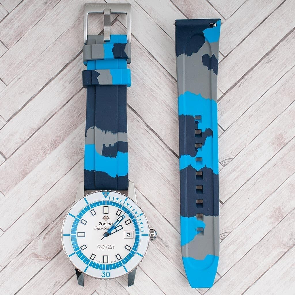 Elegant Quick Release Rubber Watch Strap in Dark Blue, Light Blue, and Gray