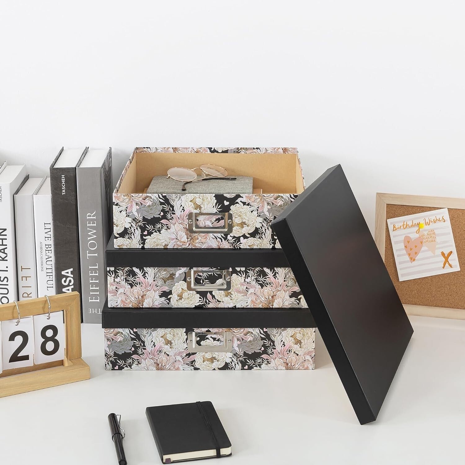 Versatile Floral Keepsake Boxes in Three Sizes - Elegant Garden Noir Storage Set