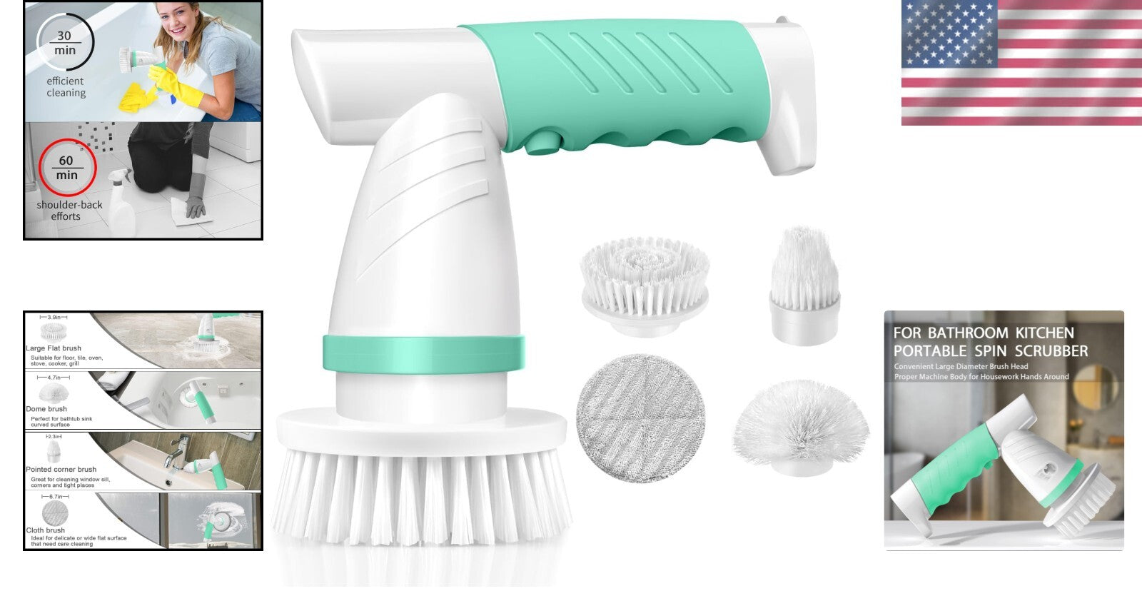 Lightweight Rechargeable Electric Spin Scrubber with 4 Brush Heads – Beach Glass
