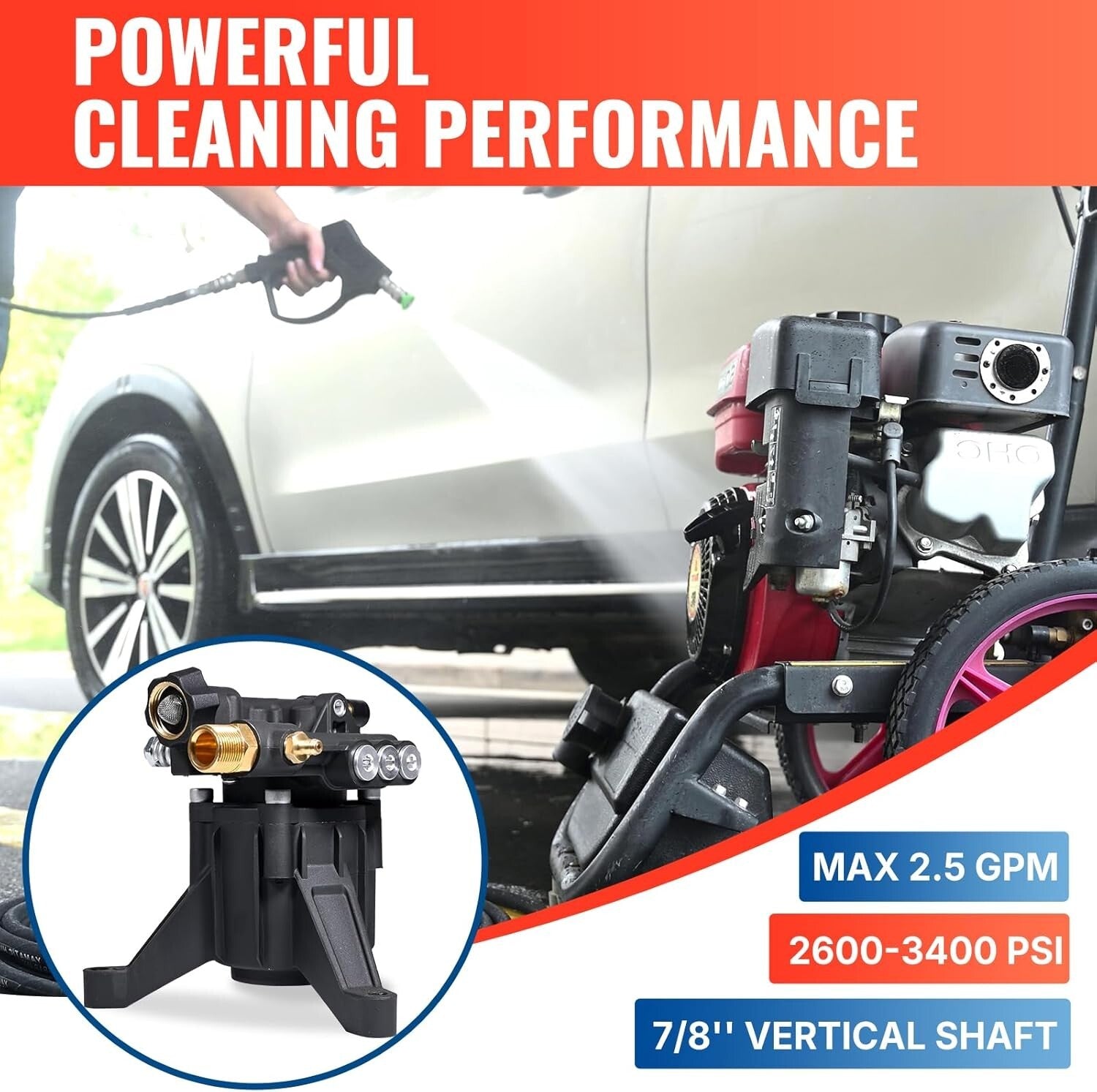 Durable 3400 PSI Vertical Pressure Washer Pump - Effortless Maintenance & Setup