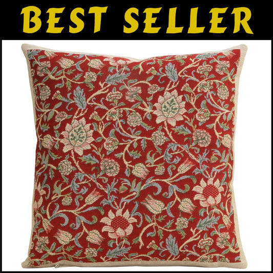 Chic 16x16 Throw Pillow Cover in Fleurs De Morris Red - Hand-Finished Design