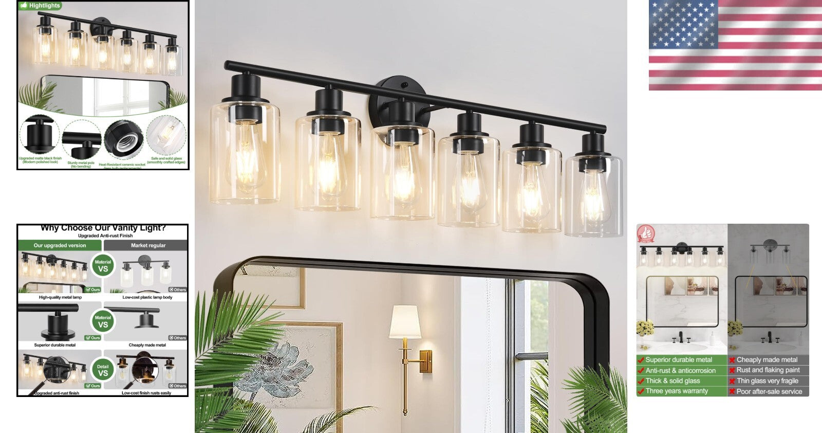 Stylish Black 6-Light Vanity Light with Reversible Mount & LED Compatibility