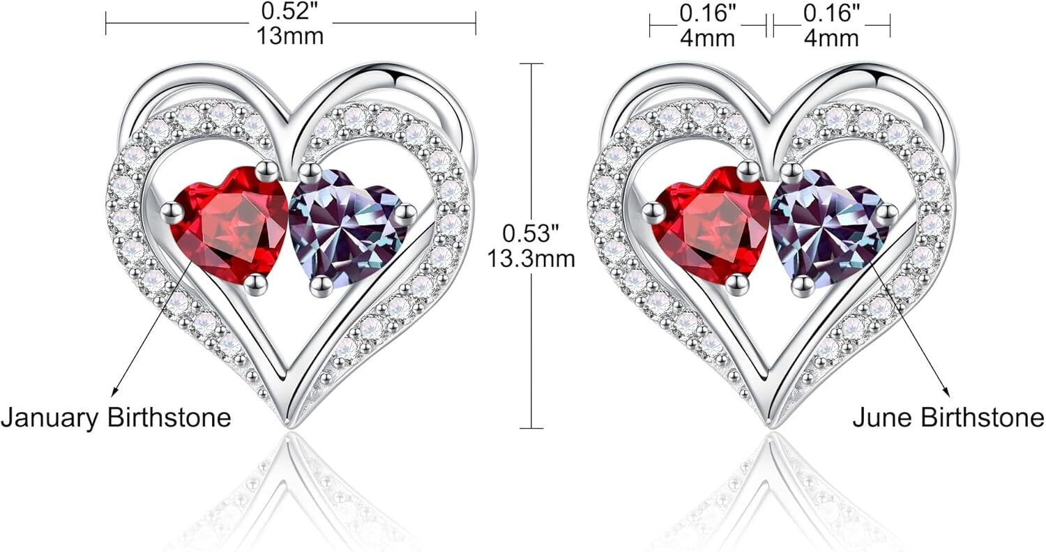 925 Sterling Silver Double Birthstone Heart Earrings - Meaningful Gift for Her