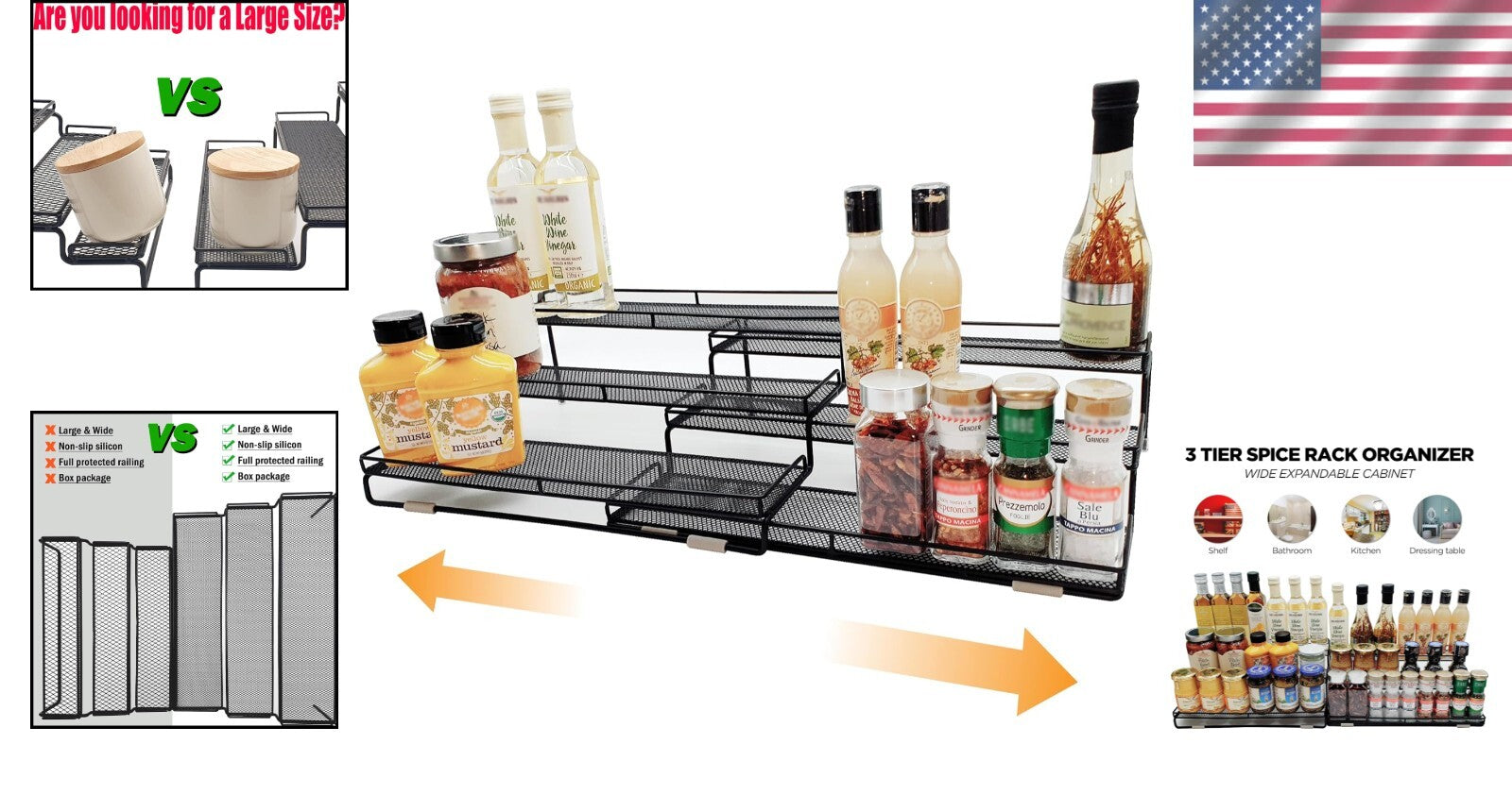 Elegant Expandable Spice Rack Organizer with Protective Railing - 14.5" to 29.1"