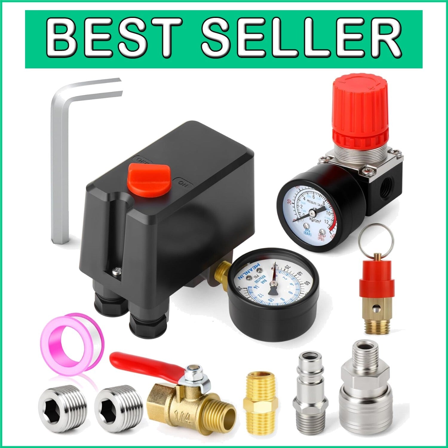 4-Way Pneumatic Air Compressor Pressure Switch with Safety Relief Valve Included