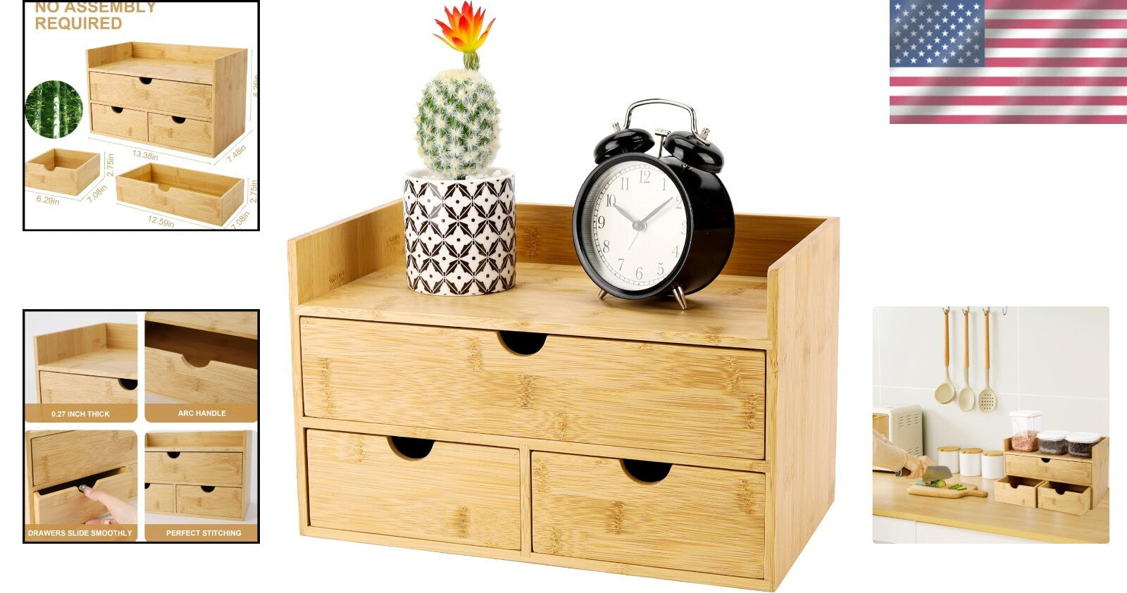 Elegant 3-Drawer Bamboo Desk Organizer with Shelf - Perfect for Makeup & Office