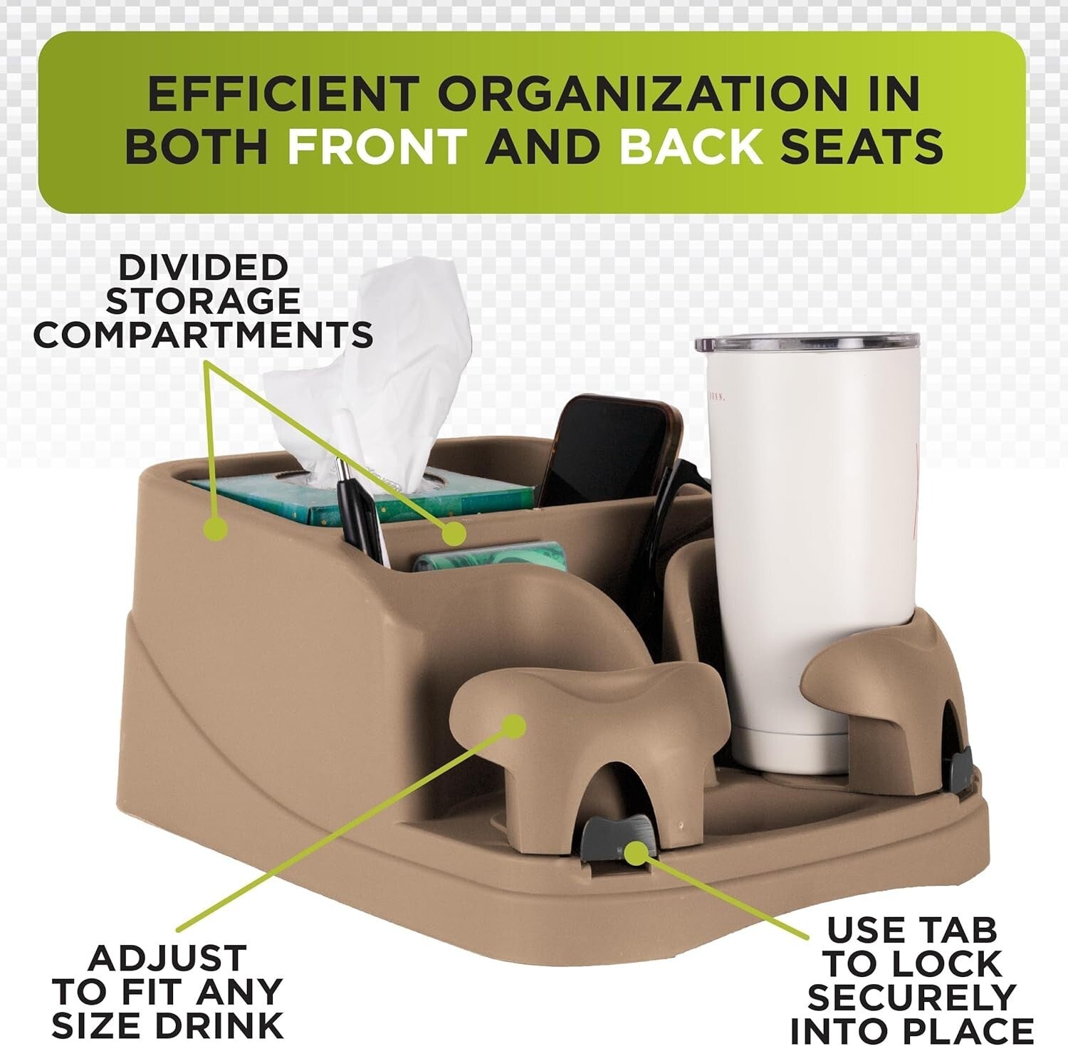 Beige Adjustable Vehicle Console Organizer with Dual Cupholders & Media Storage