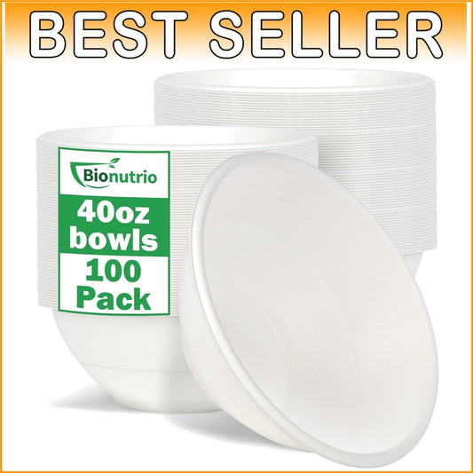 Eco-Friendly 40oz Sugarcane Bowls - 100 Pack Biodegradable Disposable Dining