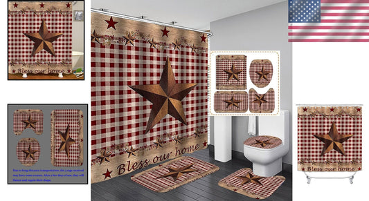 4PCS Vintage Brown Western Star Shower Curtain & Bath Mat Set for Rustic Decor