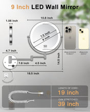 Load image into Gallery viewer, Modern 9-Inch Wall Mounted Magnifying Mirror with 3 Color Lighting Modes