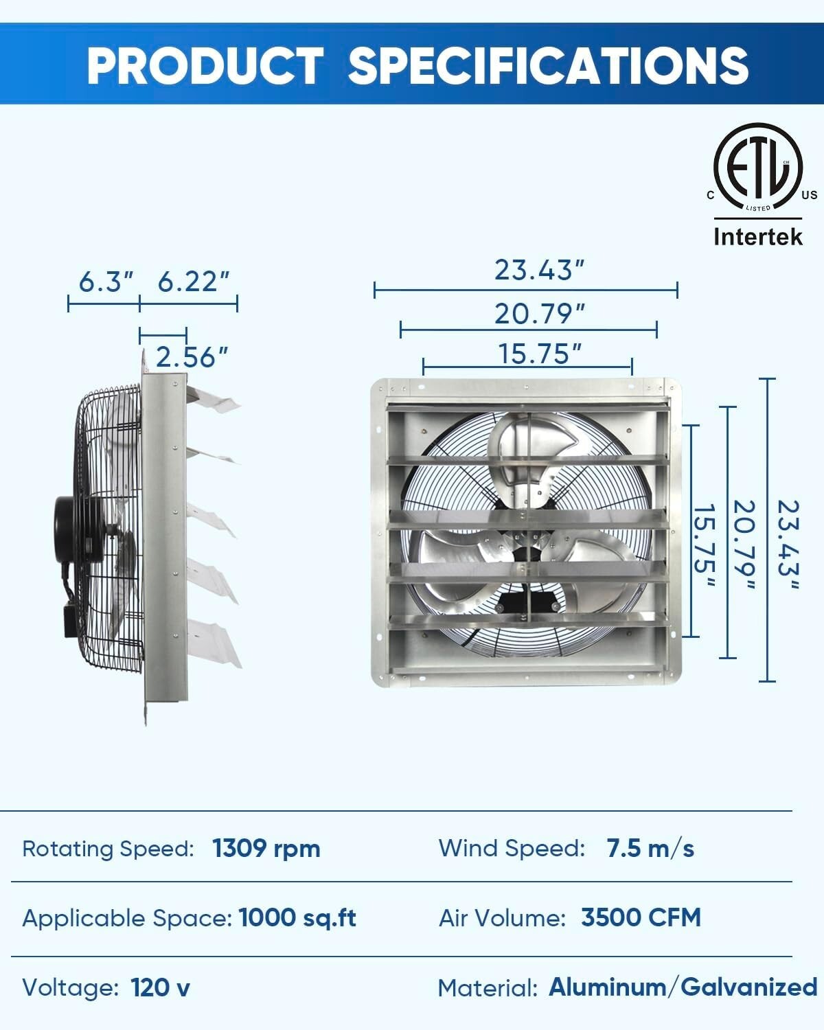 Durable 20 Inch Bladeless Wall Vent Fan - Effortless Setup, 3500 CFM Capacity