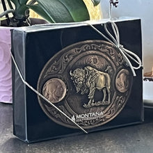 Load image into Gallery viewer, Montana-Made Gunmetal Cowboy Belt Buckle with Copper Buffalo Design