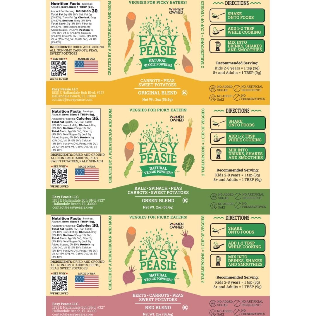 Easy Peasie Hidden Veggie Powder 3-Pack for Picky Eaters - Original, Green, Red