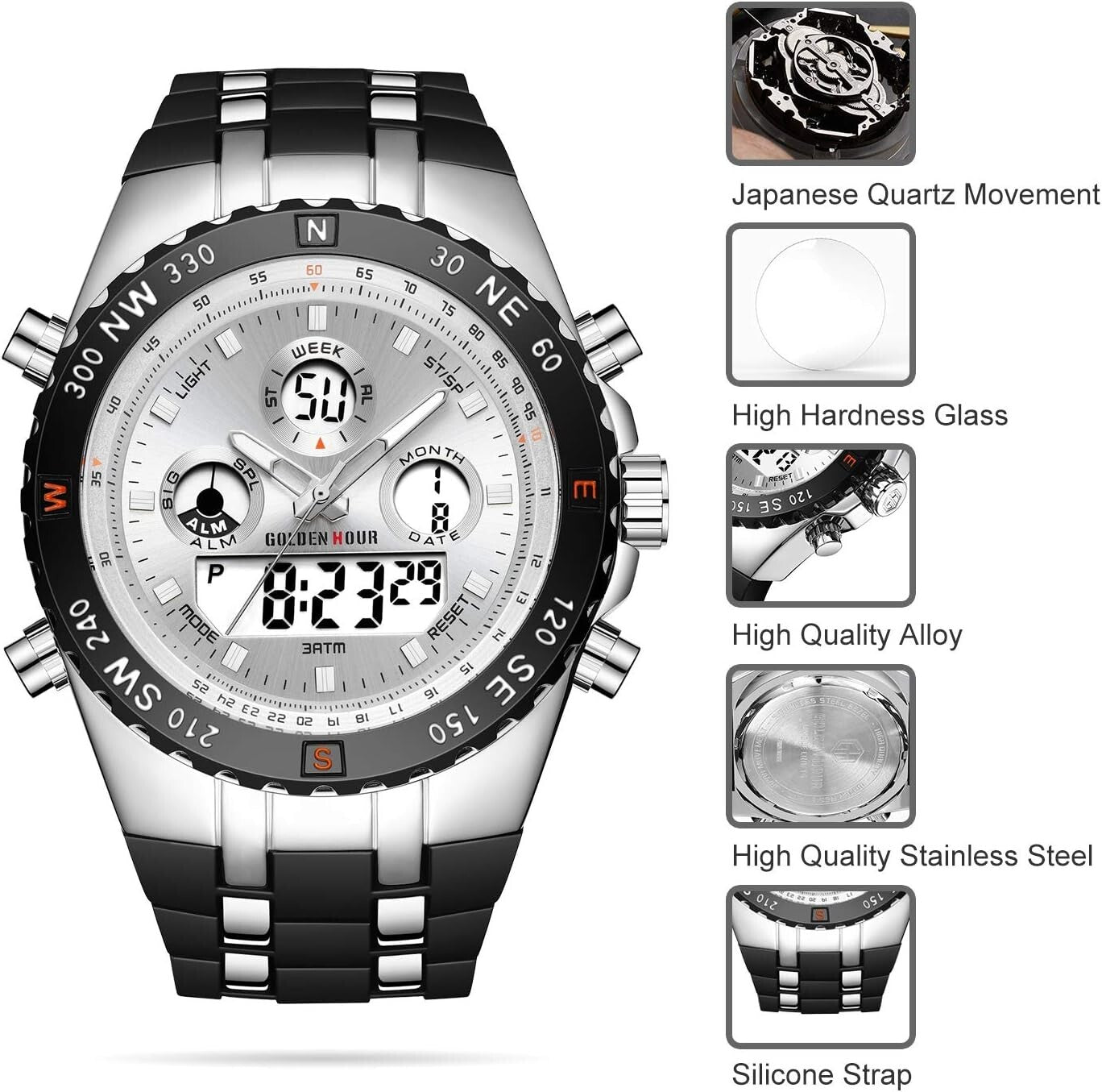 Men's Big Face Luxury Sports Watch - 3ATM Waterproof with Stopwatch & Alarm