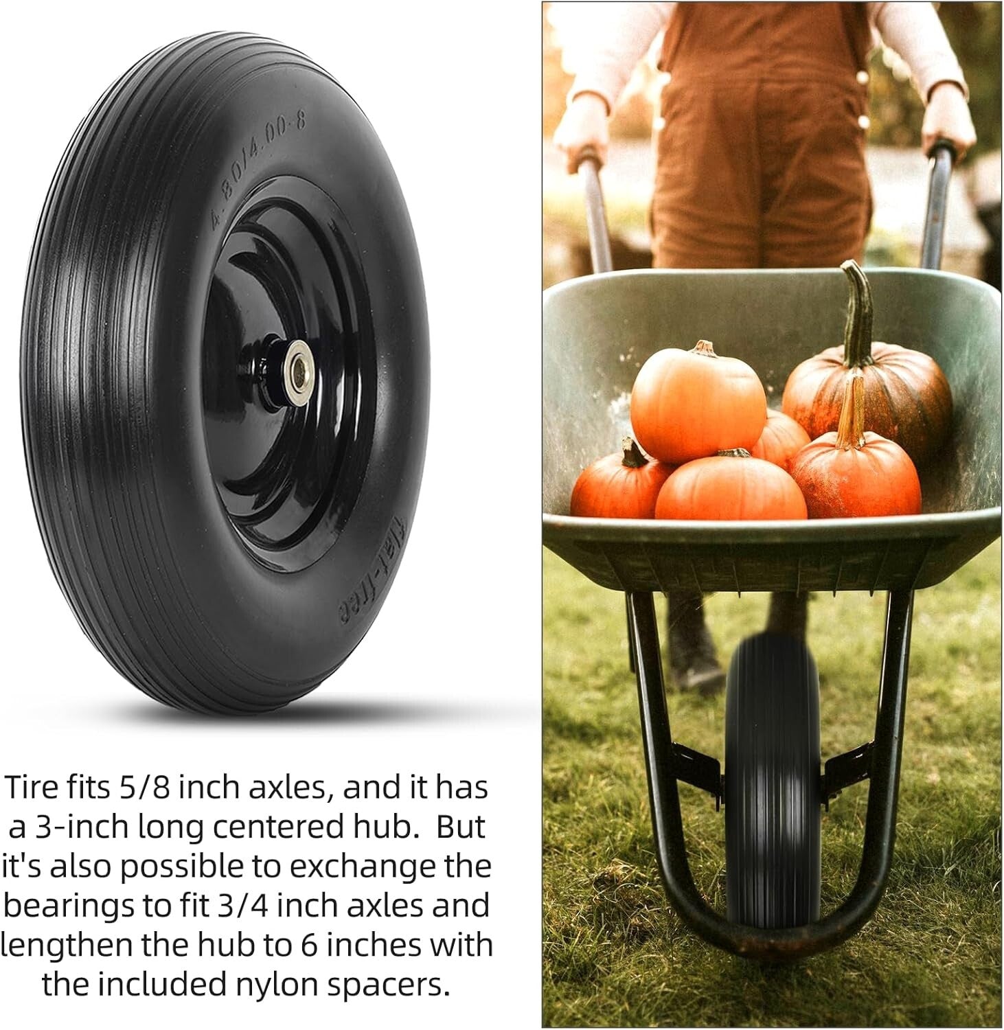 16-Inch Non-Marking Wheelbarrow Tires: Flat Free, Easy Installation & Adaptable