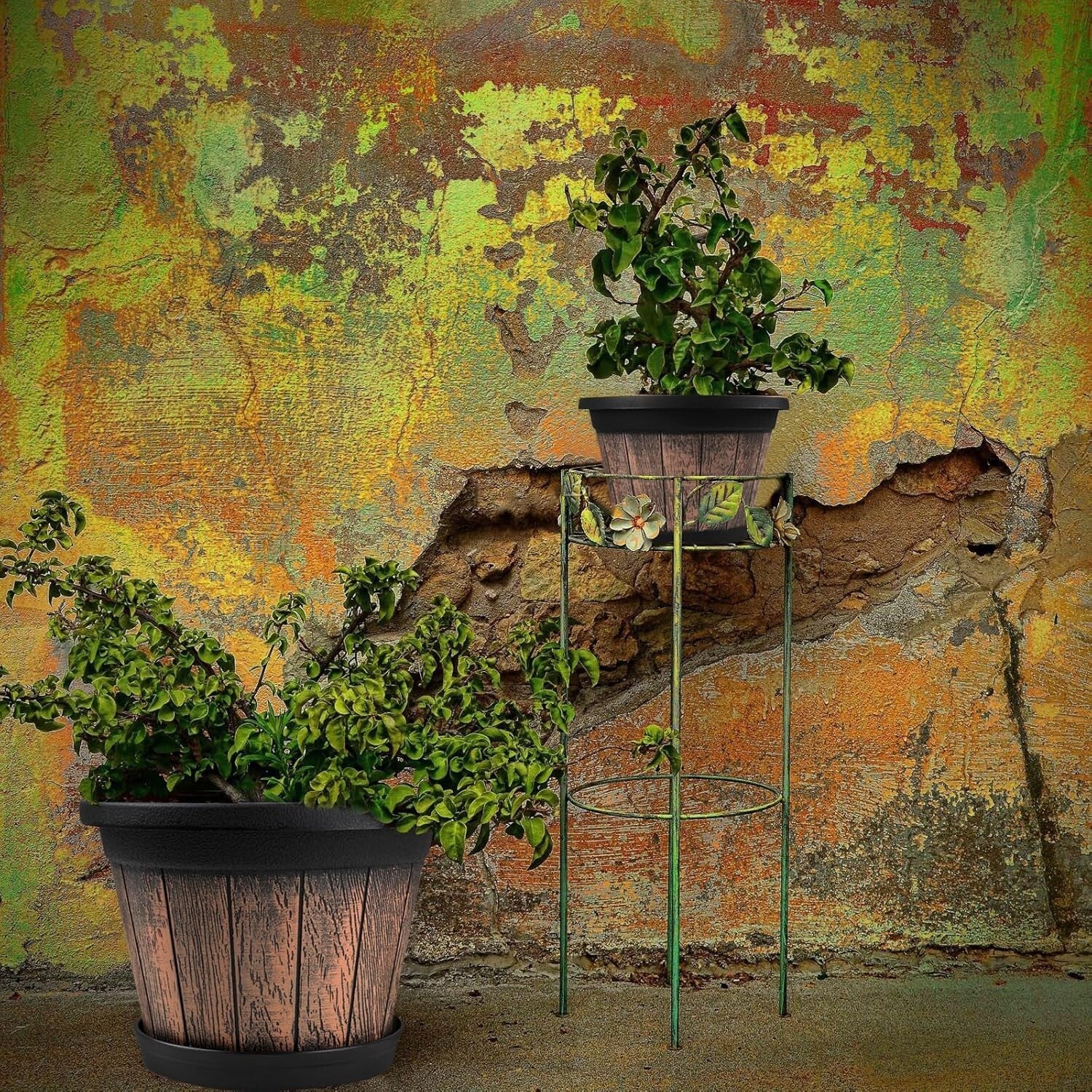 13 Inch Large Resin Plant Containers - Set of 4 with Saucers for All Plants