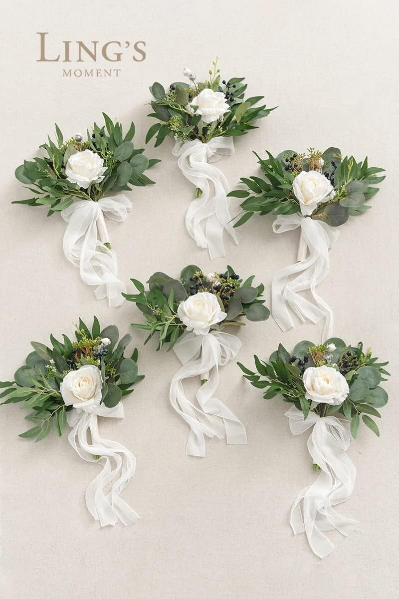 Durable Silk Bridesmaid Bouquets in White and Sage - Set of 6 for Ceremonies
