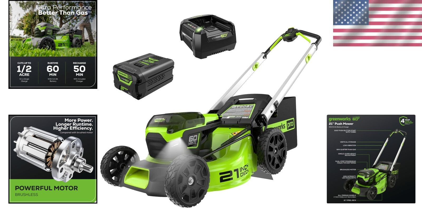 60V Cordless 21” Lawn Mower with LED Lights & Rapid Charger - Eco-Friendly Power