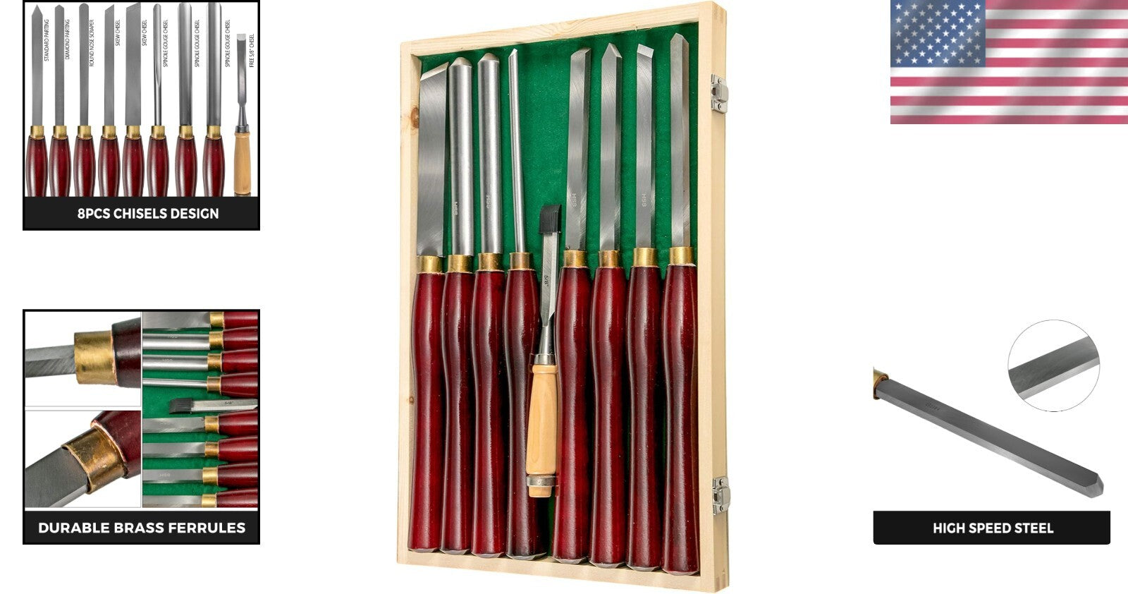 8-Piece HSS Steel Wood Lathe Chisel Set with Eucalyptus Handles in Wooden Case