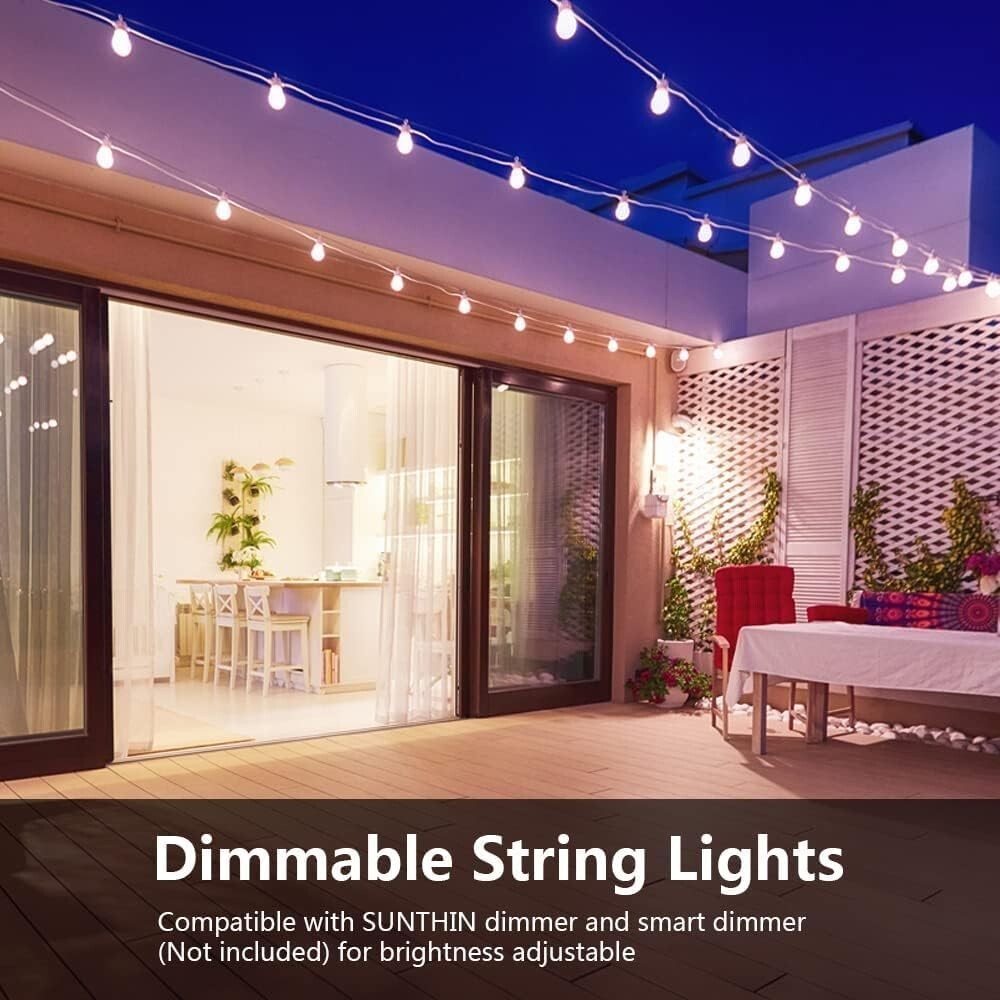 48ft Outdoor String Lights with 16 Shatterproof LED Bulbs - Dimmable & Weathe...