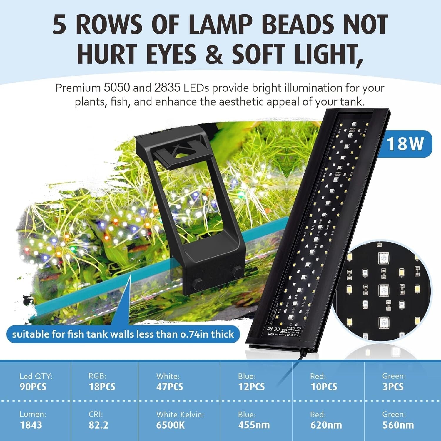 18W Day-Night Dual Timer Aquarium Light with Adjustable Brightness and Colors