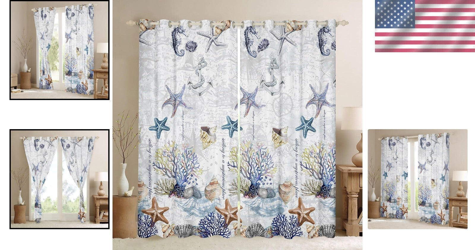 Playful Marine Curtains Set, Blackout Function in Starfish Design, 52x96 Inches