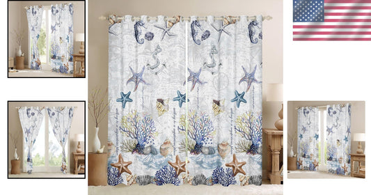 Playful Marine Curtains Set, Blackout Function in Starfish Design, 52x96 Inches