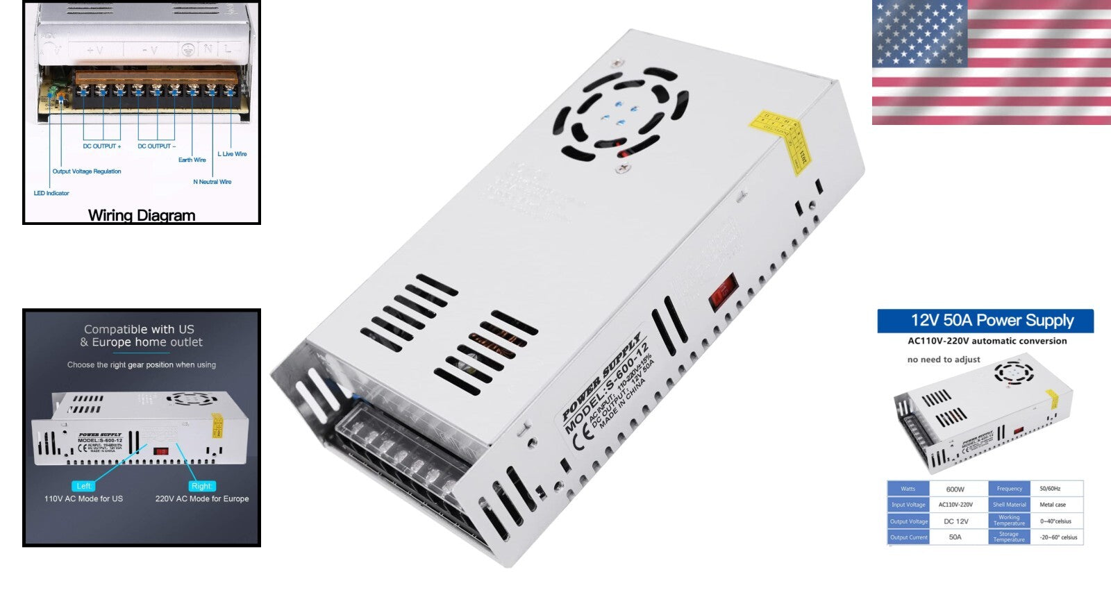 Efficient Switching Power Supply 12V 50A 600W - Adjustable AC 110V/220V Input