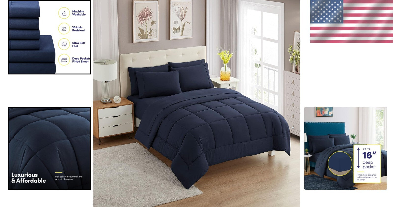 Elegant Down Alternative Comforter and Microfiber Sheet Set in Navy - Twin Size
