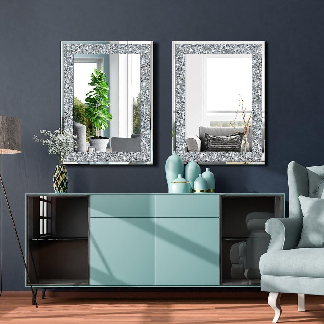 Elegantly Crafted 28x20" Silver Frameless Rectangle Mirror with Crystal Design