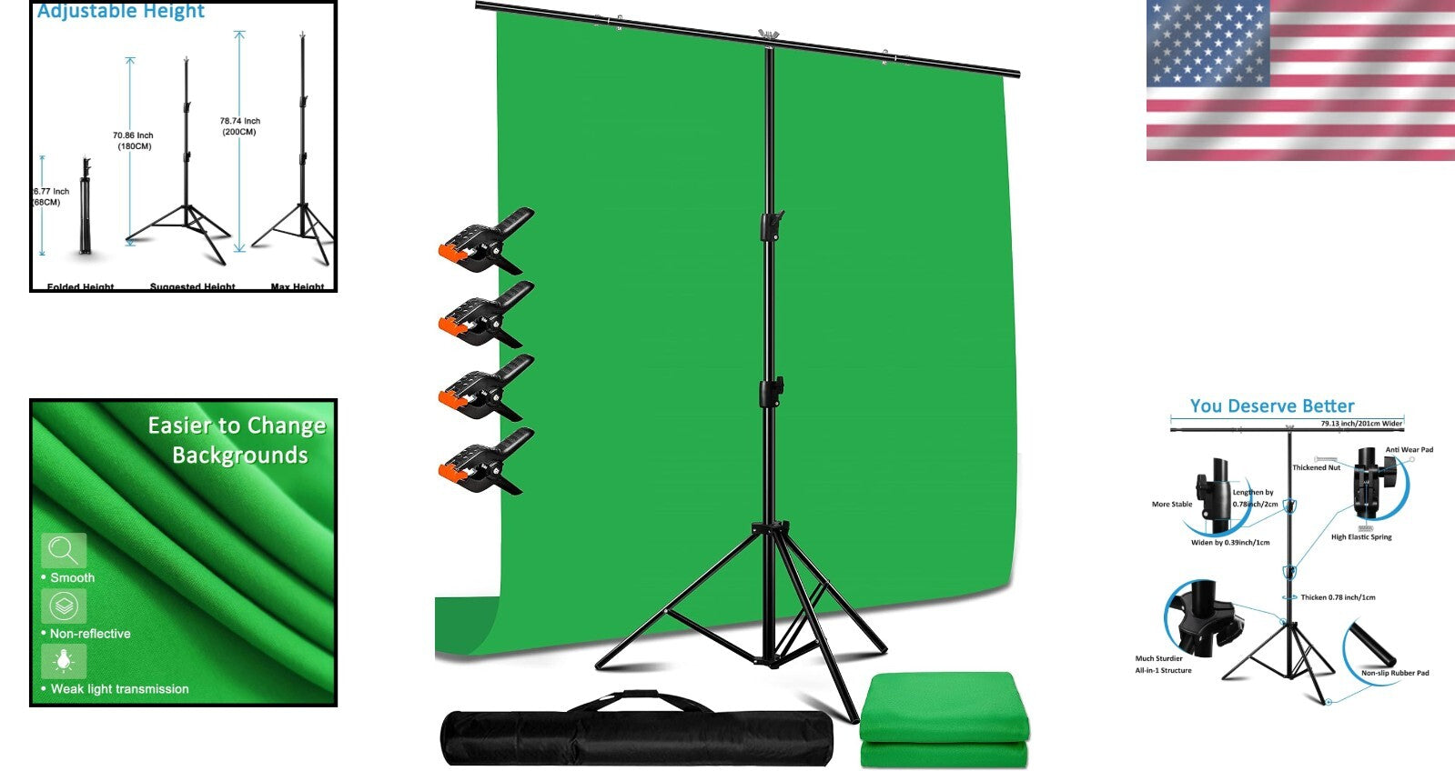 6.5x9.6ft Green Screen Backdrop Kit with T Stand - Portable & User-Friendly