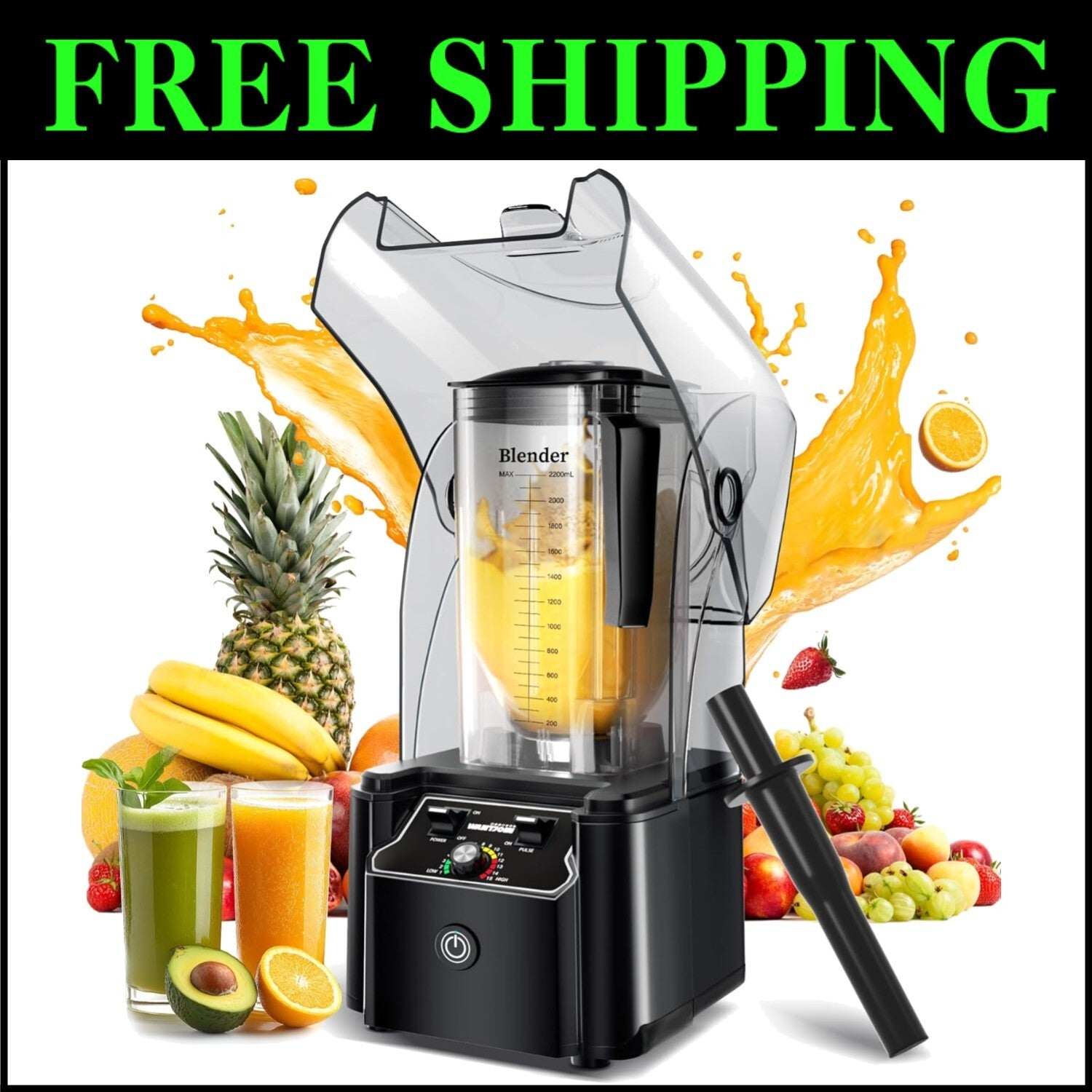 Heavy-Duty 2200W Quiet Blender with Adjustable Speeds & Built-in Self-Cleaning