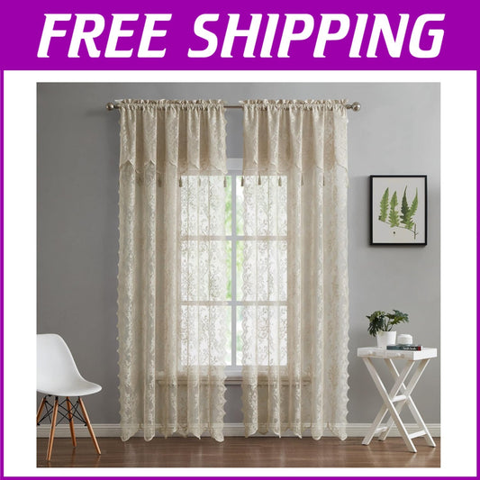 Elegant Pair of 2 Sheer Lace Curtain Panels with Valance & Tassels - 54x96 Linen