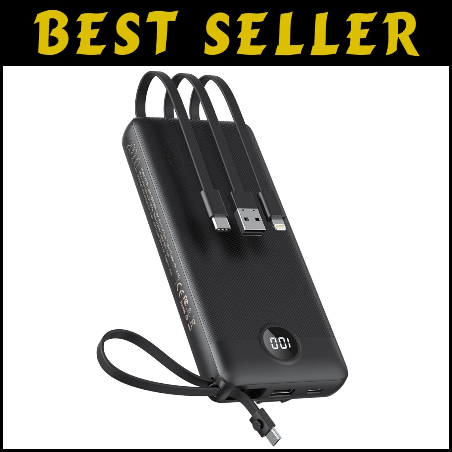 Airline Approved 20000mAh Power Bank with Built-in Cables for iPhone & Android