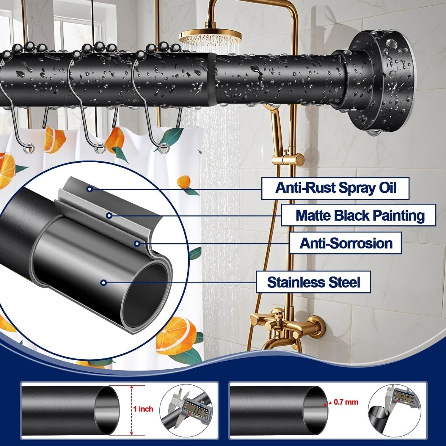 Matte Black No-Drill Shower Curtain Rod 34-96 Inches - Rust-Proof & Easy Install