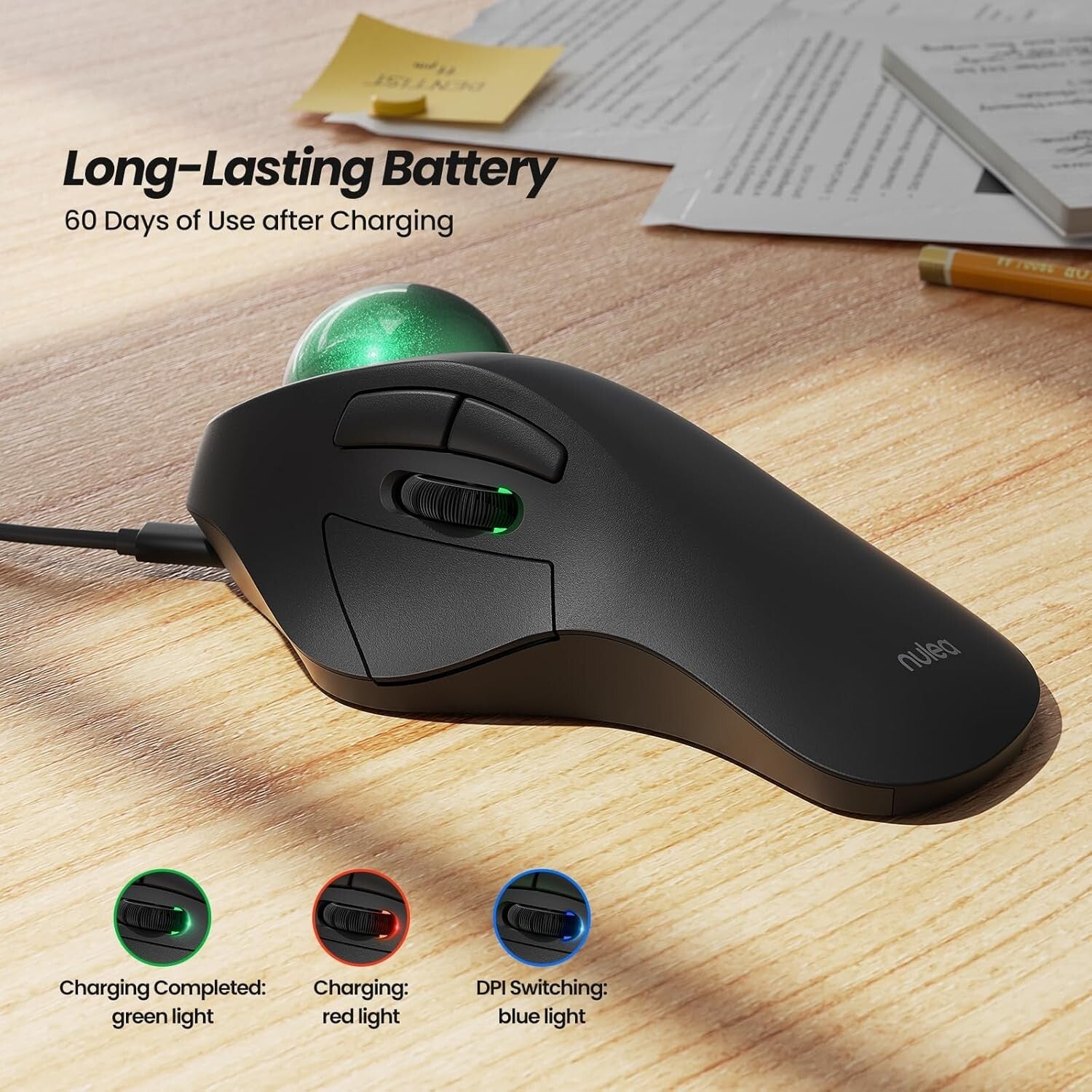 Precision Ergonomic Trackball Mouse, Rechargeable, Ideal for Office and Home Use
