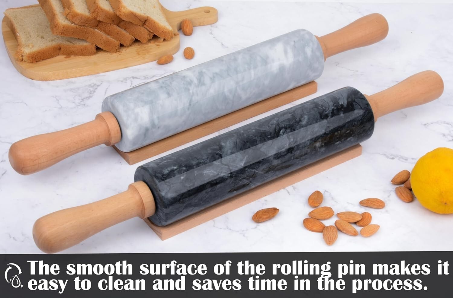 18.5-Inch Polished Marble Rolling Pin Set: Pastry Mat, Brush, & Tongs Included