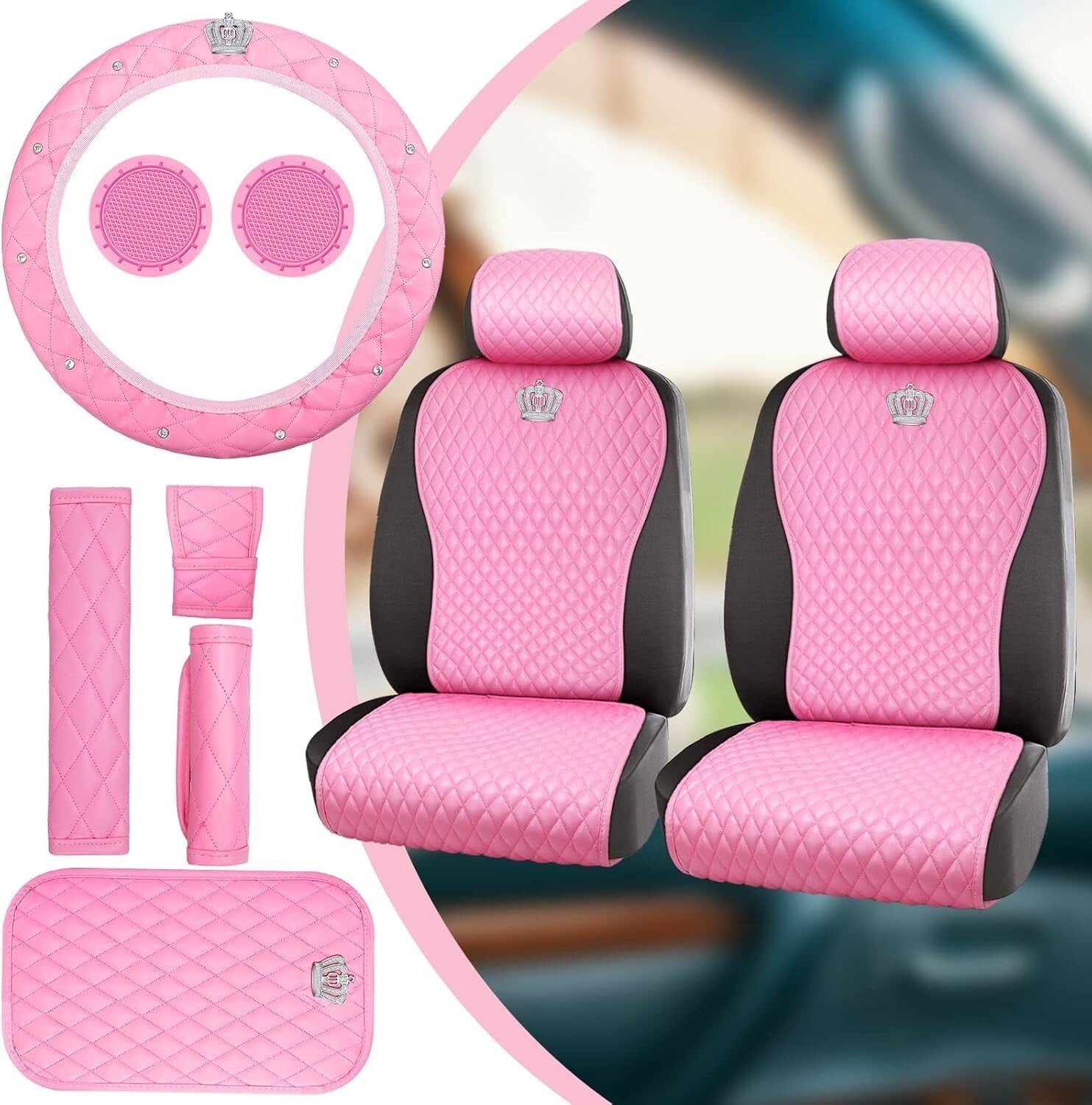 Elegant 14-Piece Pink Car Accessory Collection with Rhinestone Steering Wheel