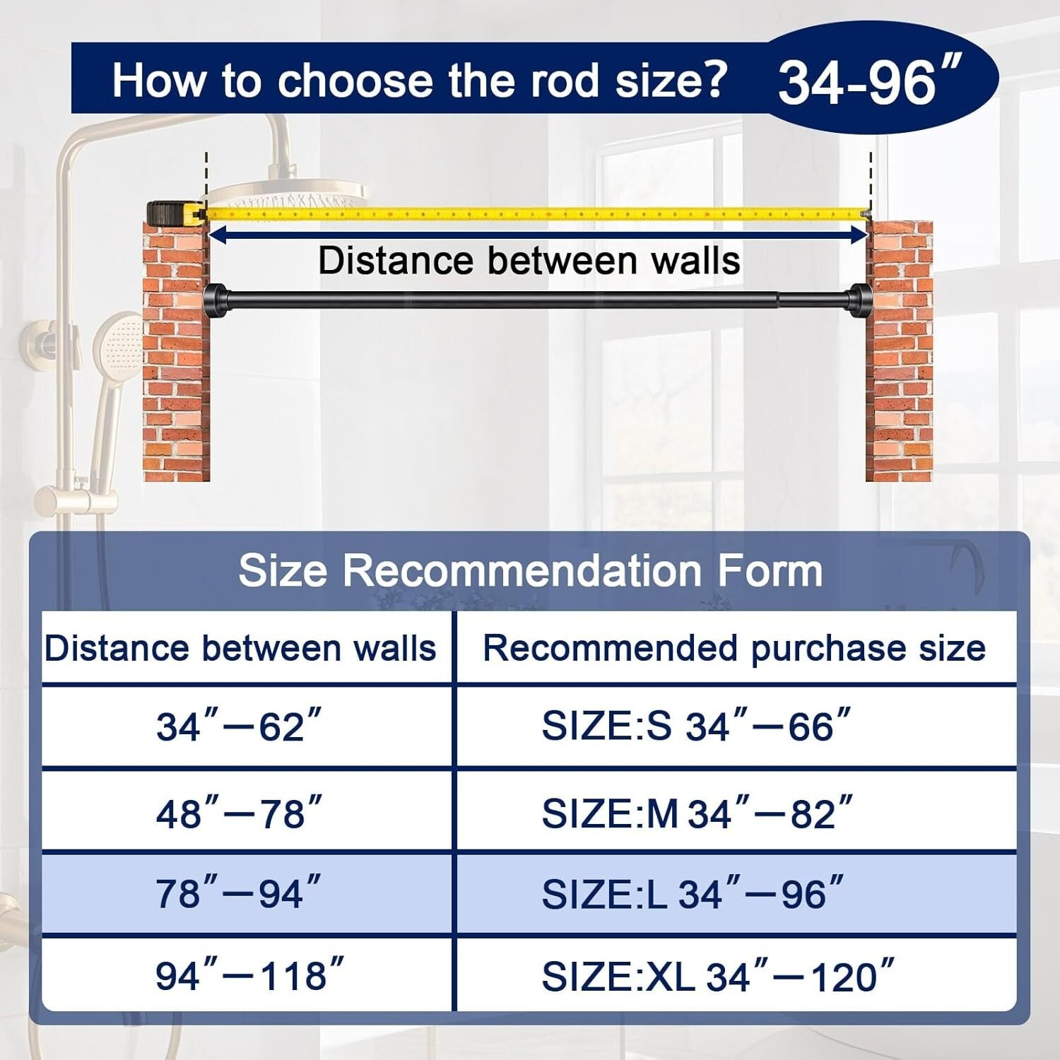 Matte Black No-Drill Shower Curtain Rod 34-96 Inches - Rust-Proof & Easy Install