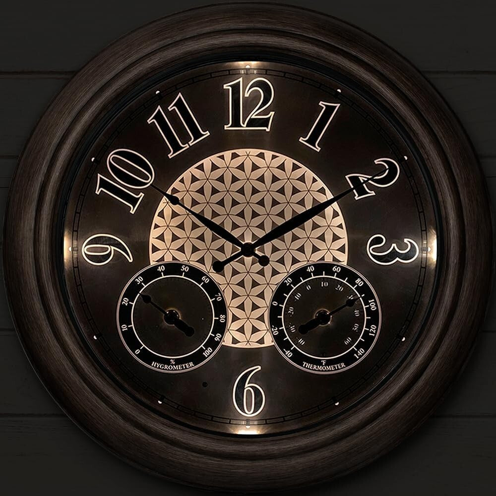 Elegant 18 Inch Illuminated Outdoor Clock with Thermometer - Grey Oak Finish