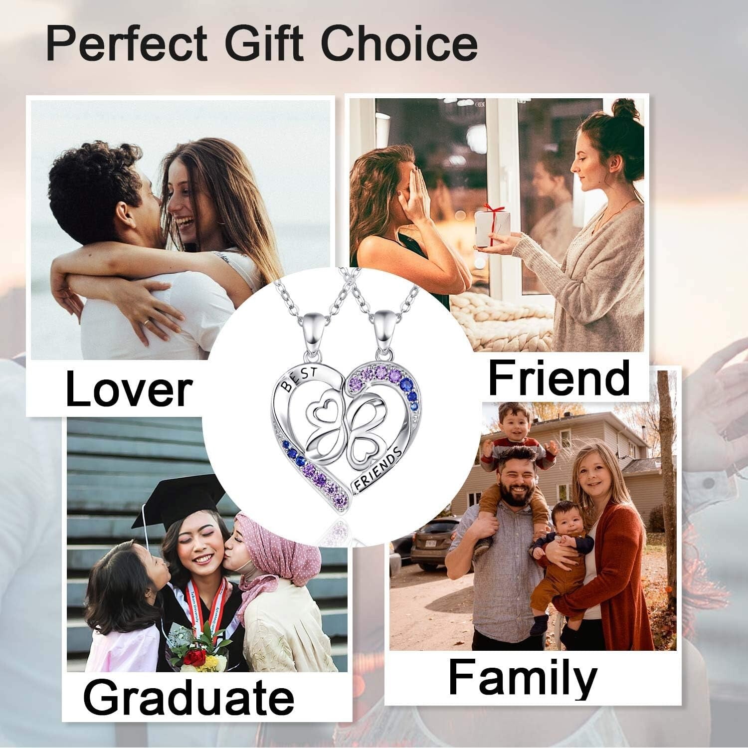 Charming Best Friend Necklaces in Sterling Silver with Heart and Gemstone Detail