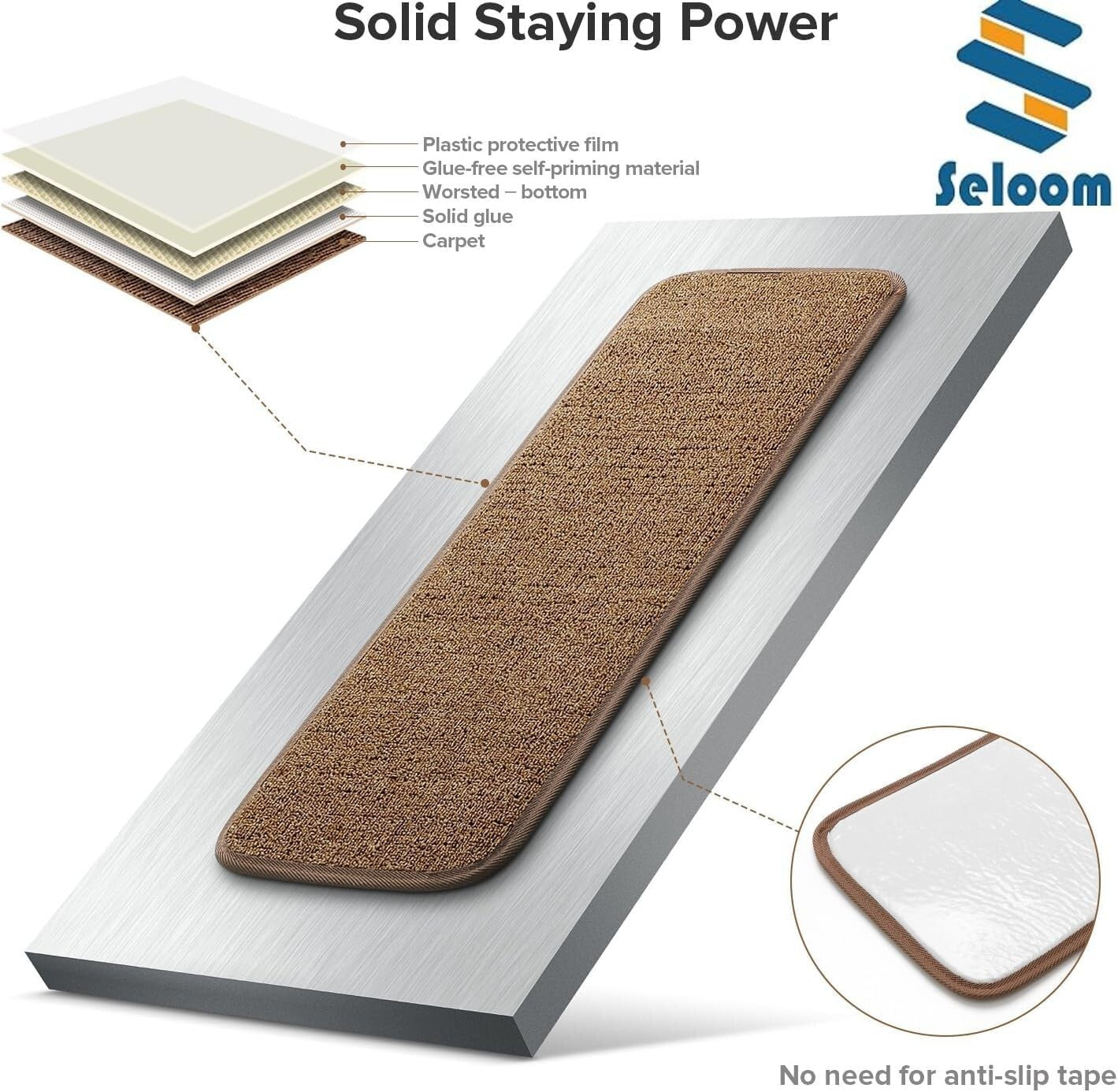 13-Piece Non-Slip Stair Treads Carpet - Washable Indoor Step Covers in Brown