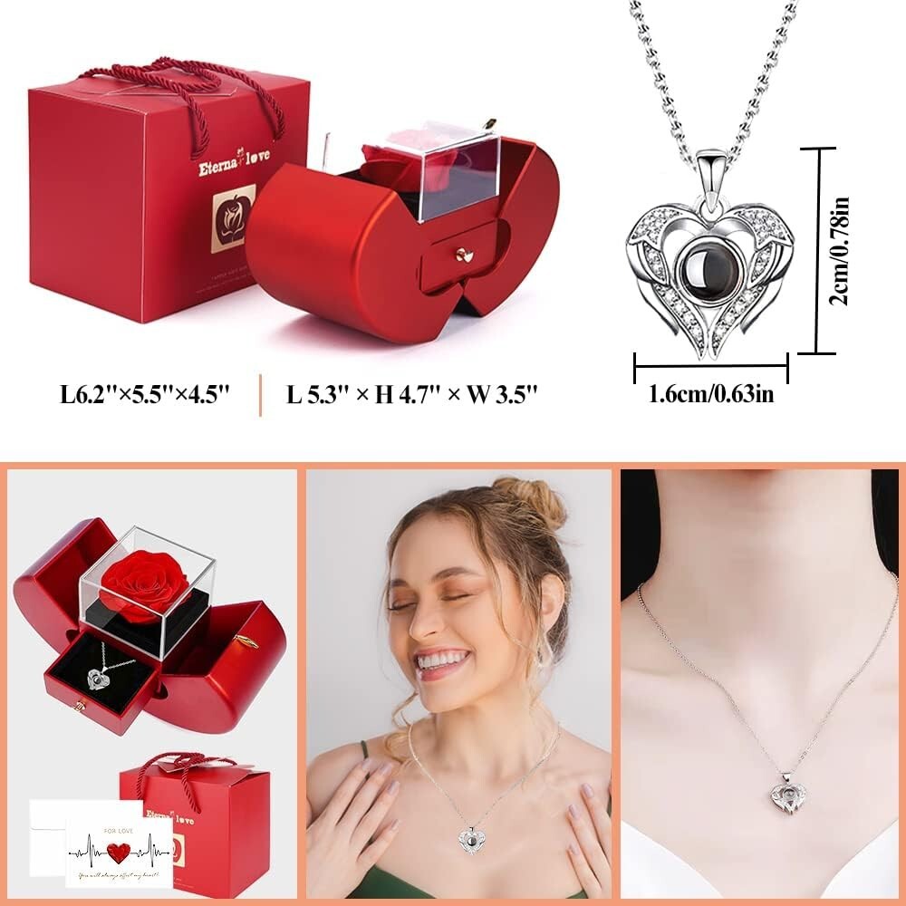 Unique Valentine's Gift: Real Rose & 100 Languages 'I Love You' Pendant Necklace