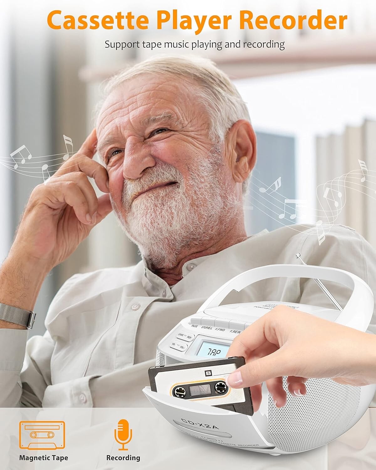 Bluetooth CD Player Boombox with AM/FM Radio, Tape Recording & Remote Control