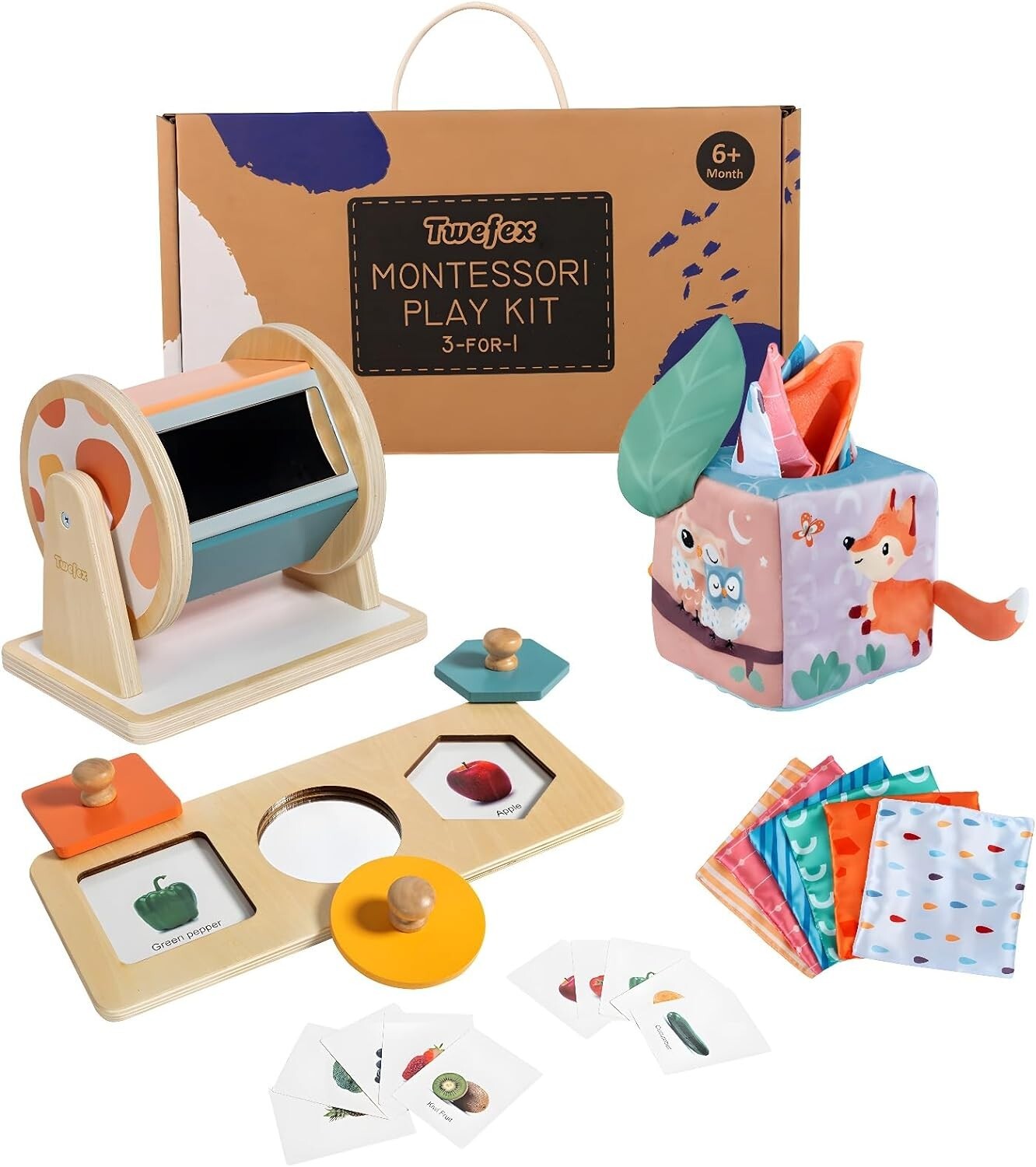 Baby Sensory Play Kit: Spinning Drum, Tissue Box & Peekaboo Puzzle for Infants