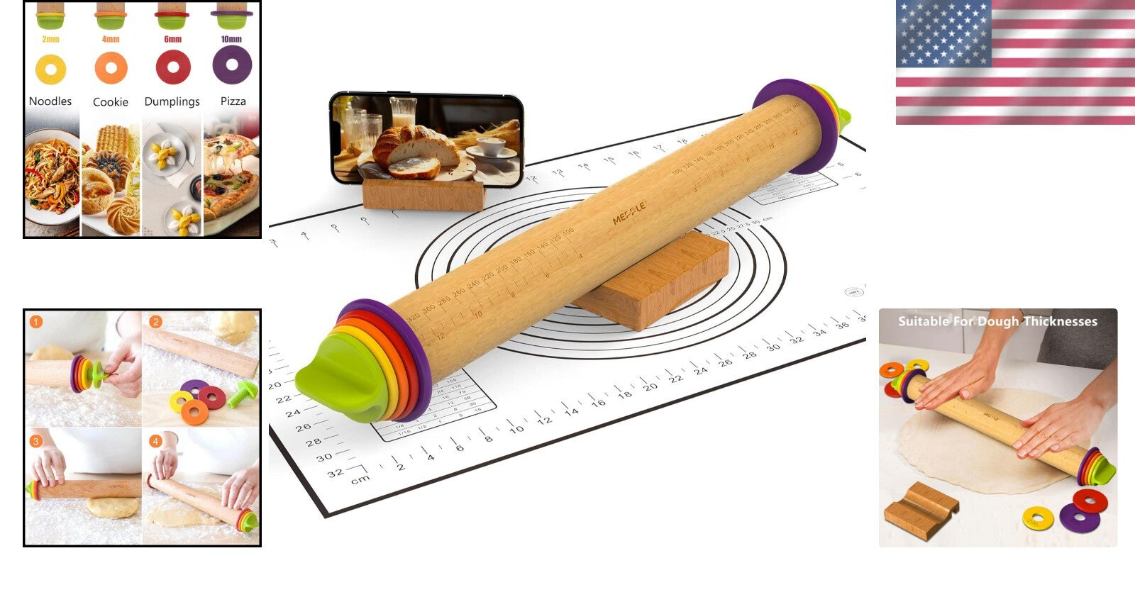 Adjustable Wooden Rolling Pin with Rings & Silicone Pastry Mat for Perfect Dough