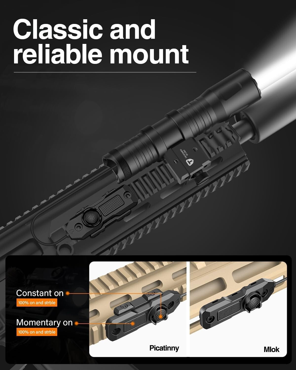 1250 Lumens Tactical Flashlight with Remote Switch - Rechargeable & Waterproof