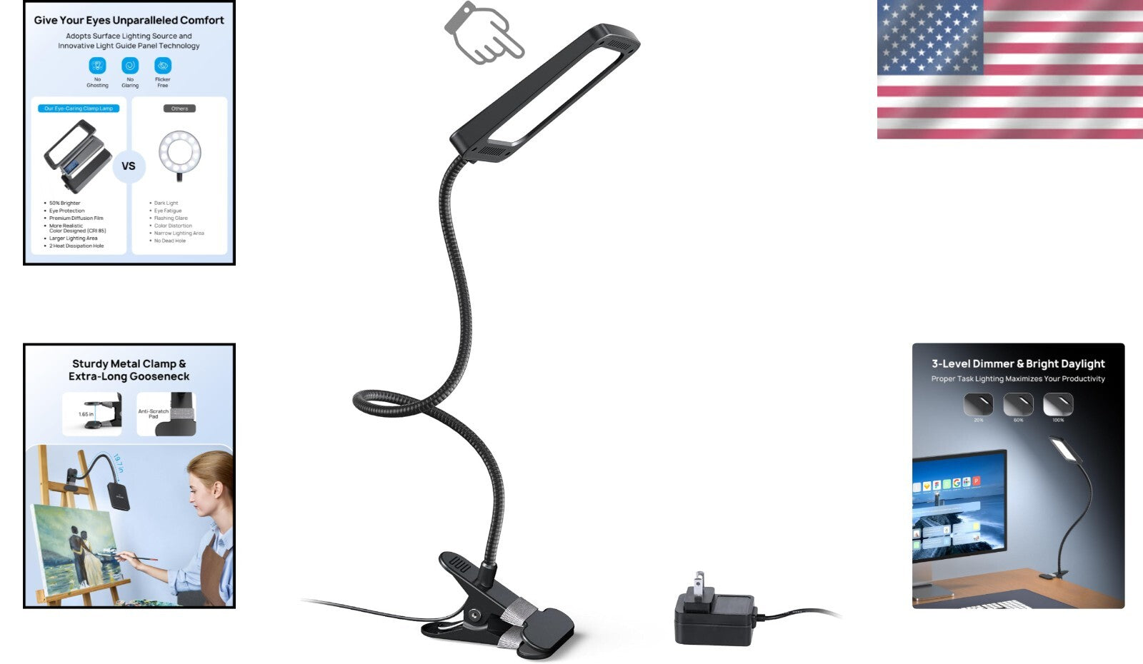Flexible LED Desk Lamp with Strong Clamp - 3-Level Dimming for Home & Office Use